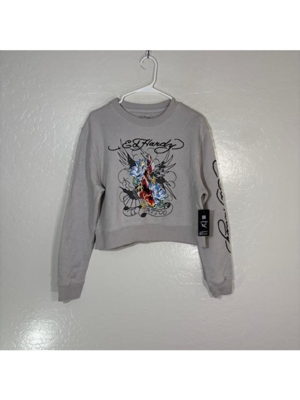 Ed Hardy Sweatshirt Womens Medium Gray Cropped Tattoo Graphic Pullover Fleece